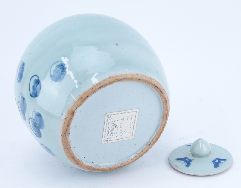 Antique Chinese Blue and White Celadon Glaze Porcelain Covered Ginger Jar.