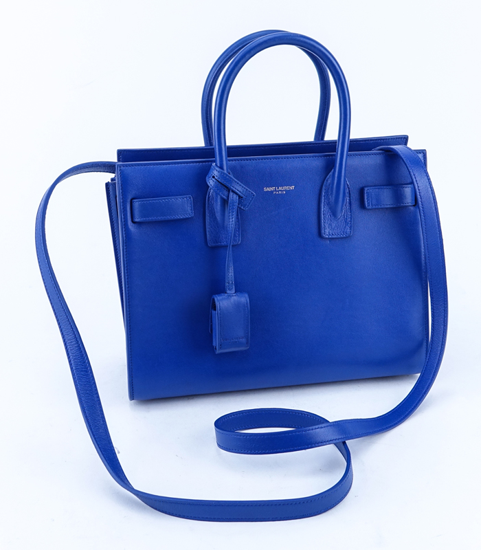 Saint Laurent Electric Blue Smooth Calf Leather Sac De Jour Baby PM. Gold tone hardware. Black leather interior with slot pocket.