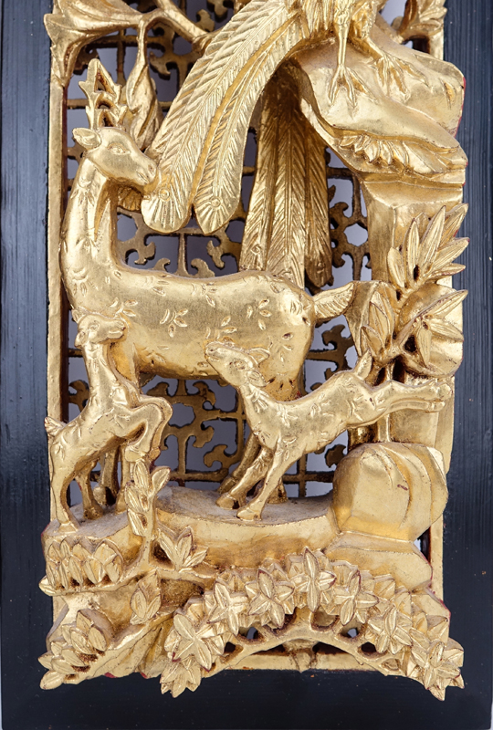 Pair of Chinese Giltwood Deep Relief Carved Panels.