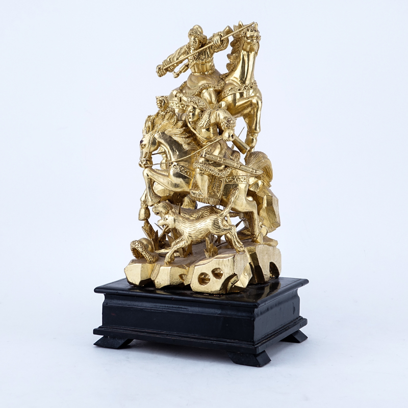 Chinese Giltwood Carved Group, Figures on Horseback.