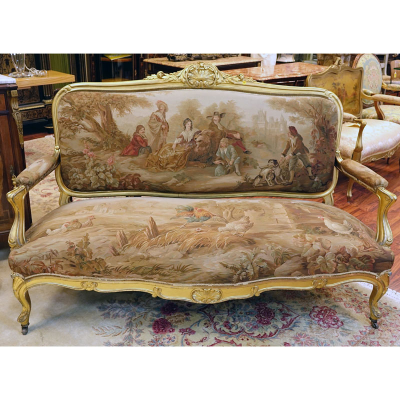 19th Century Louis XVI Style Carved Giltwood Settee with Aubusson Tapestry Upholstery.