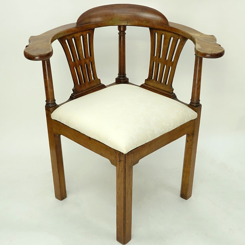 Antique English Carved Wood and Upholstered Corner Chair.