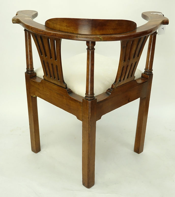 Antique English Carved Wood and Upholstered Corner Chair.