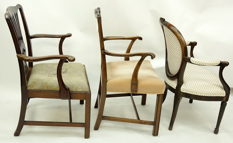 Grouping of Three (3) Antique English Carved Wood and Upholstered Armchairs.