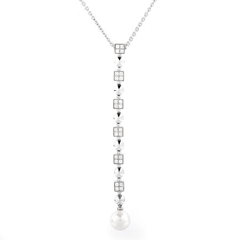 Bvlgari / Bulgari Approx. .50 Carat Round Brilliant Cut Diamond, Pearl and 18 Karat White Gold Lucia Pendant Necklace.