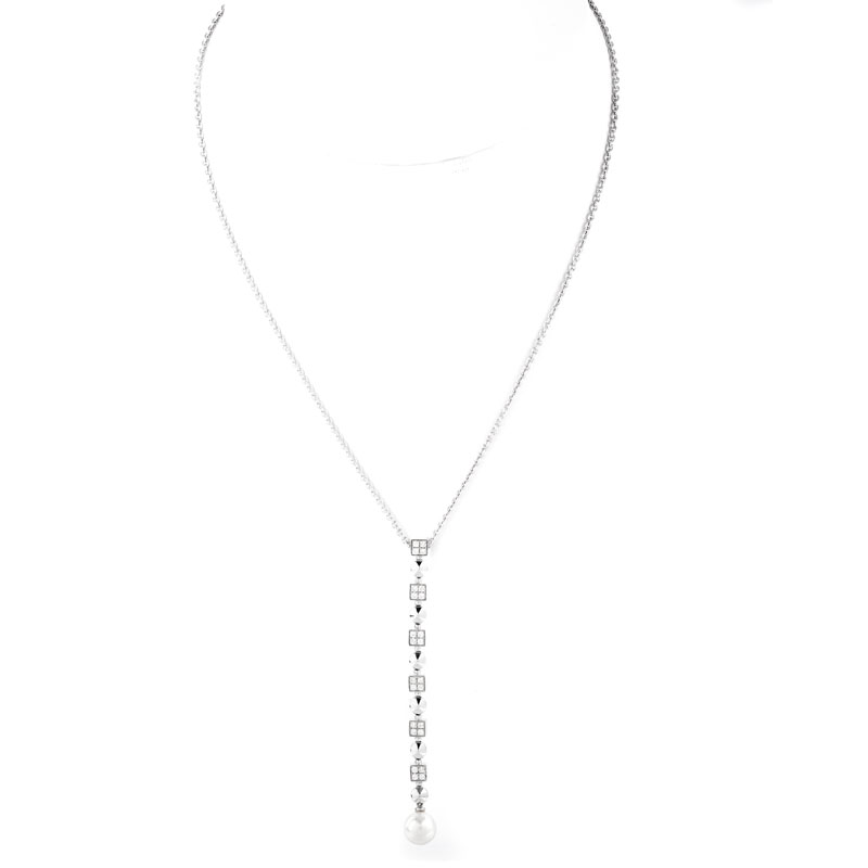 Bvlgari / Bulgari Approx. .50 Carat Round Brilliant Cut Diamond, Pearl and 18 Karat White Gold Lucia Pendant Necklace.