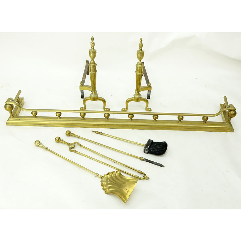 Antique Seven (7) Piece Brass Fireplace Set.