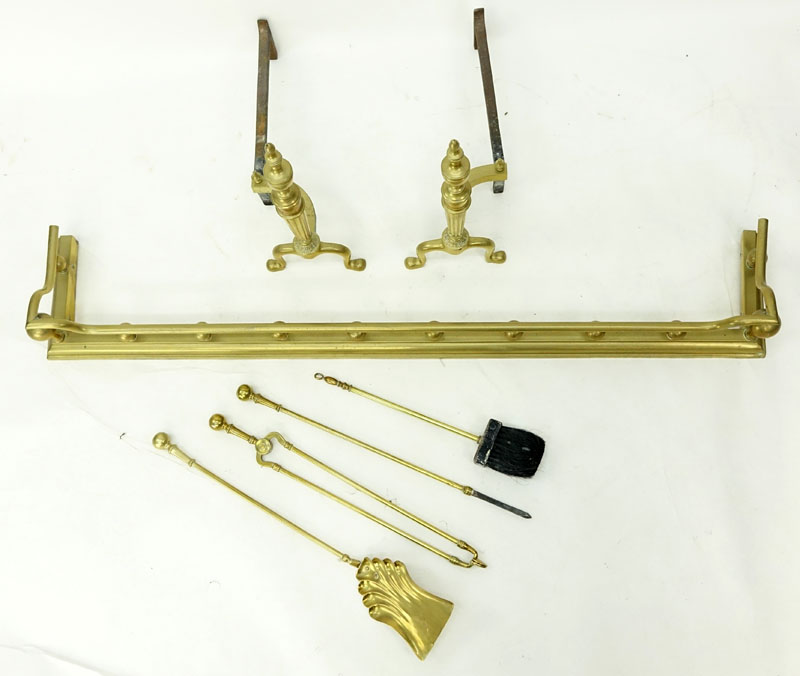 Antique Seven (7) Piece Brass Fireplace Set.