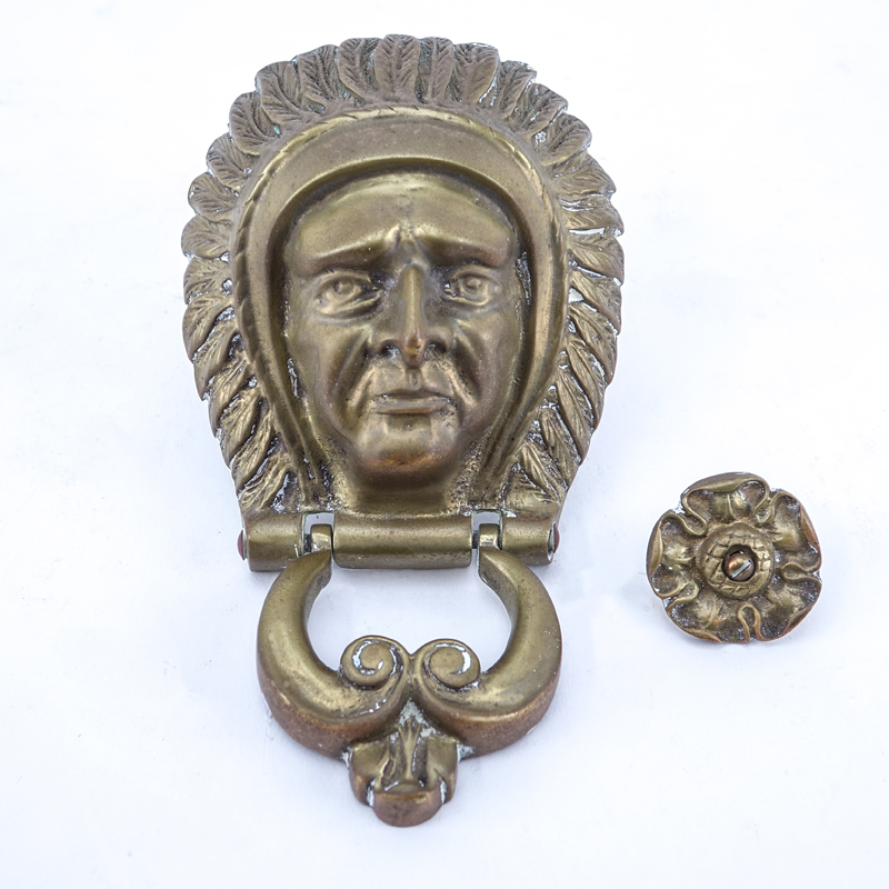 Antique American Indian Brass Door Knocker With Strike Plate.