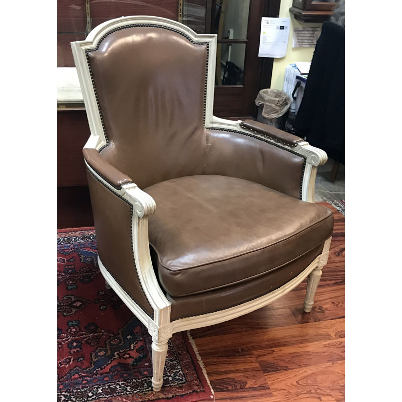 20th Century Louis XVI Style Wood and Vinyl Upholstered Armchair.