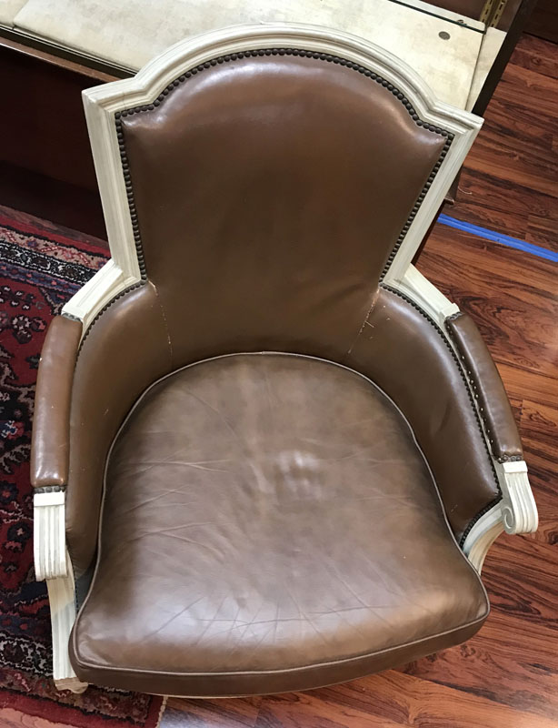 20th Century Louis XVI Style Wood and Vinyl Upholstered Armchair.