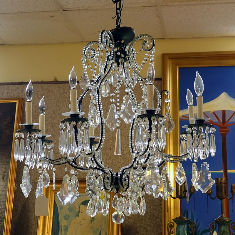 Antique Style Beaded Chandelier with Hanging Prisms.