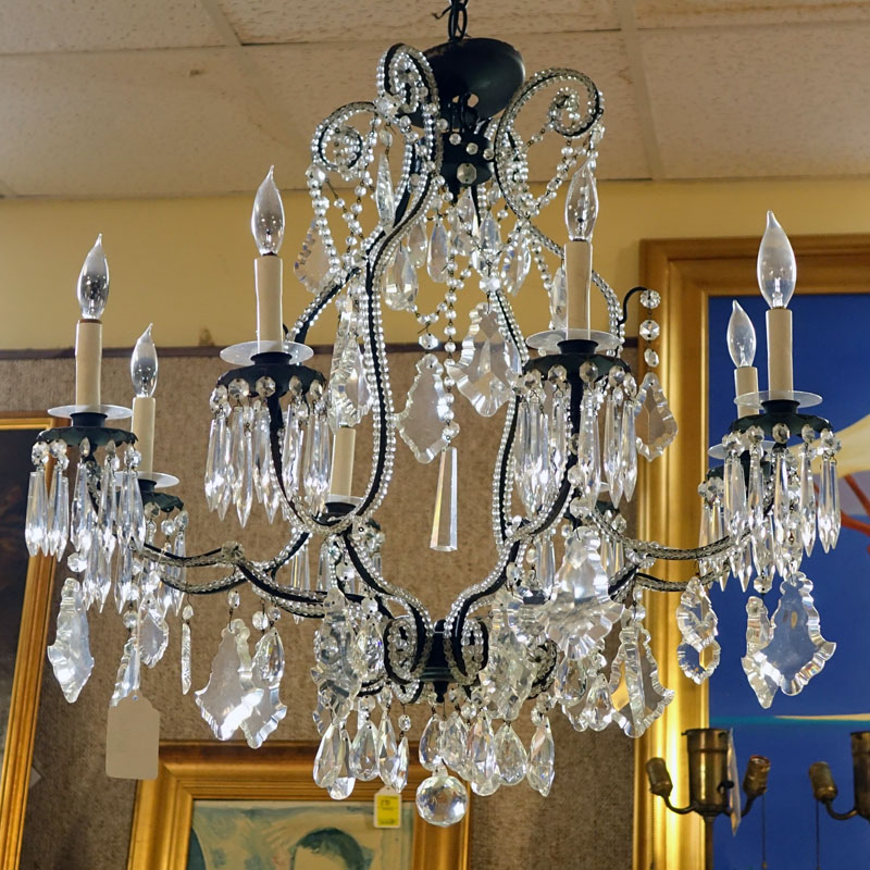 Antique Style Beaded Chandelier with Hanging Prisms.