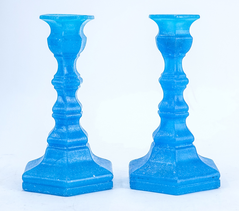 Grouping of Five (5): Pair of Opaline Glass Converted as Oil Lamps, Bristol Glass Lamp, and Pair of Blue Glass Candlesticks.