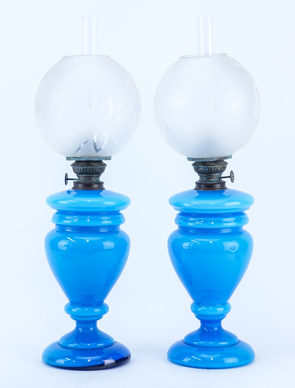 Grouping of Five (5): Pair of Opaline Glass Converted as Oil Lamps, Bristol Glass Lamp, and Pair of Blue Glass Candlesticks.