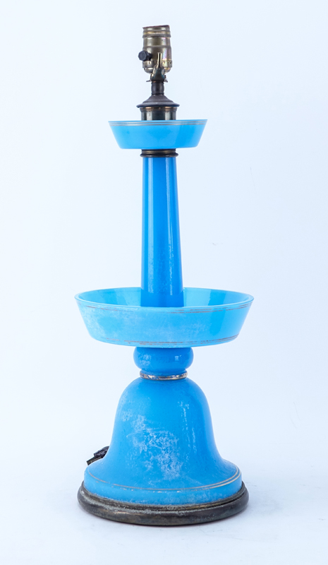 Grouping of Five (5): Pair of Opaline Glass Converted as Oil Lamps, Bristol Glass Lamp, and Pair of Blue Glass Candlesticks.