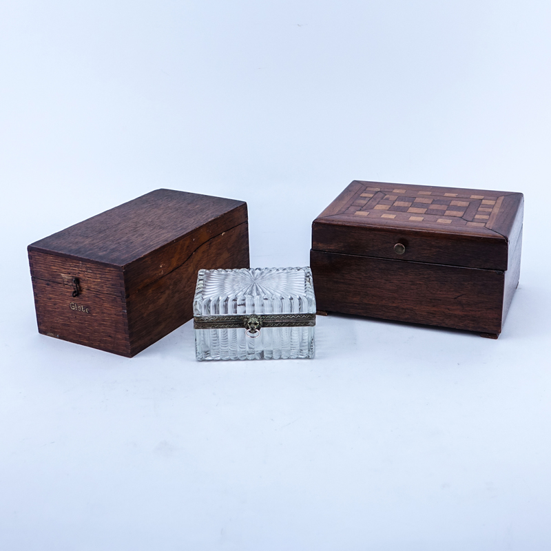 Grouping of Three (3): Vintage Wooden Jewelry Box, Vintage Hinged Storage Box, and Victorian Style Glass and Brass Covered Box.