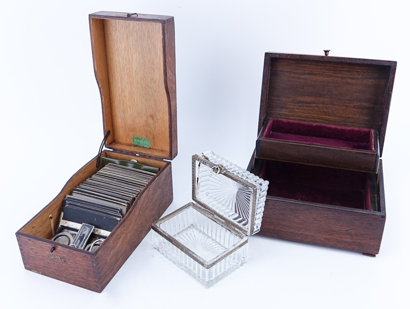 Grouping of Three (3): Vintage Wooden Jewelry Box, Vintage Hinged Storage Box, and Victorian Style Glass and Brass Covered Box.