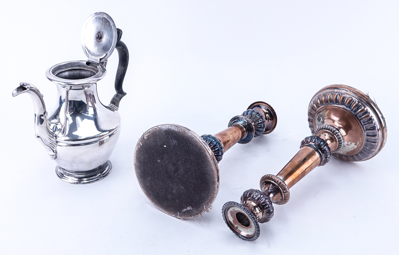 Grouping of Three (3): Pair of Silverplate Candlesticks, James Dixon & Sons Silverplate Teapot.