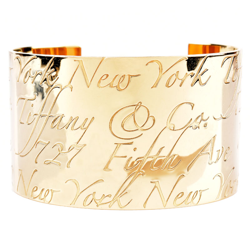 Tiffany & Co 18 Karat Yellow Gold Cuff Notes Bangle Bracelet. Signed, stamped 750.