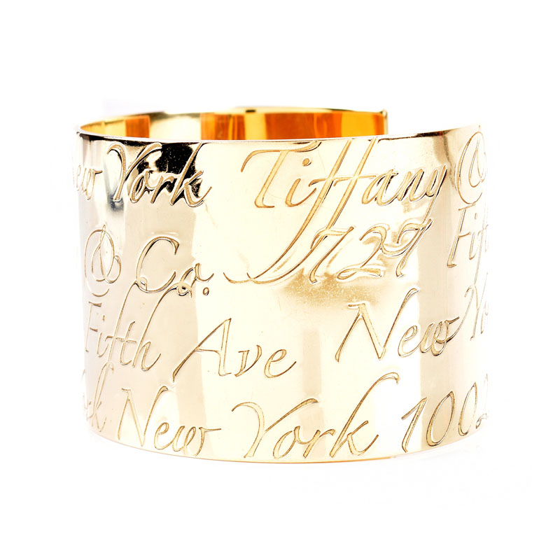 Tiffany & Co 18 Karat Yellow Gold Cuff Notes Bangle Bracelet. Signed, stamped 750.