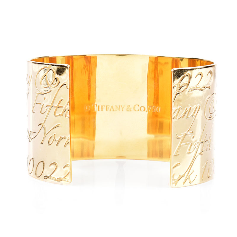 Tiffany & Co 18 Karat Yellow Gold Cuff Notes Bangle Bracelet. Signed, stamped 750.