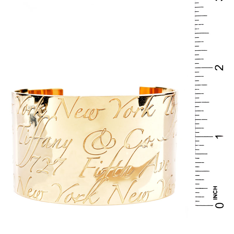 Tiffany & Co 18 Karat Yellow Gold Cuff Notes Bangle Bracelet. Signed, stamped 750.