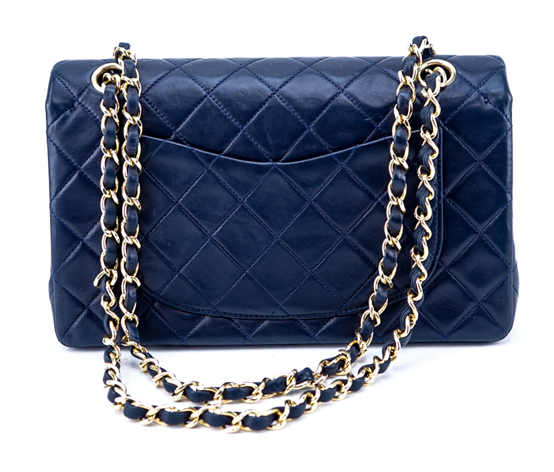 Chanel Navy Blue Quilted Leather Classic Double Flap Bag 23. Gold tone ...