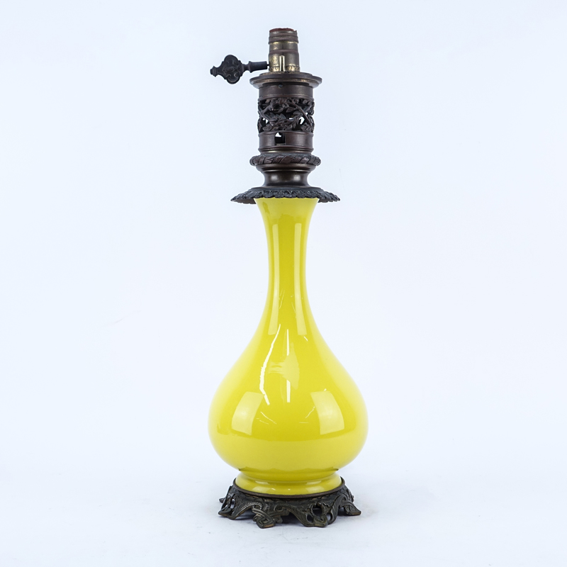Vintage Yellow Opaline Glass Vase Mounted As Lamp.