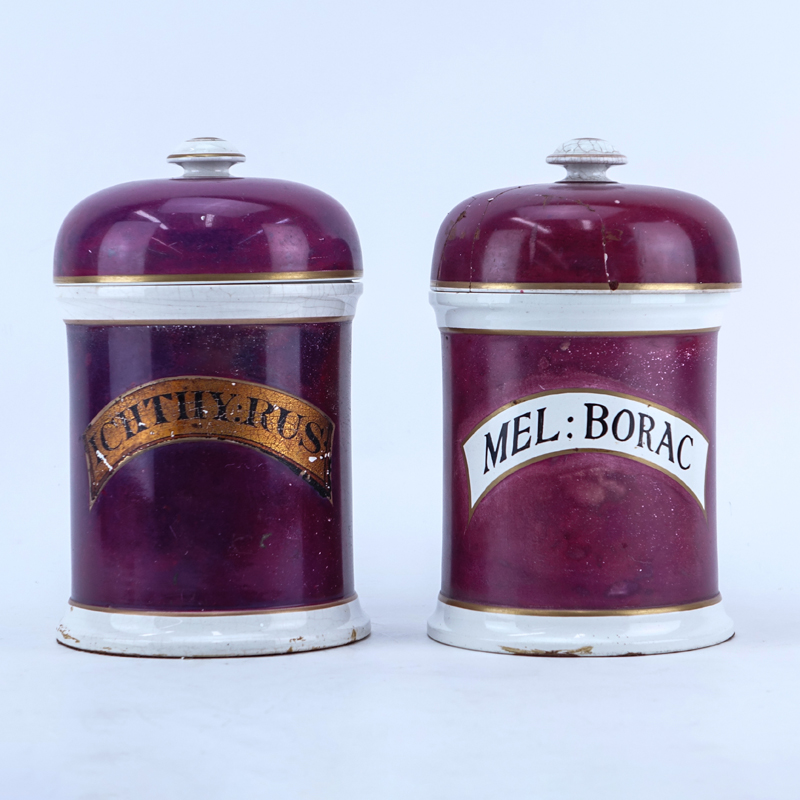 Pair of Antique Apothecary Porcelain Pharmacy Covered Jar.