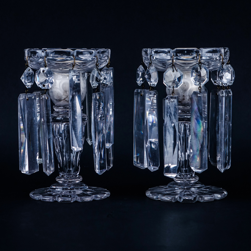 Pair of Vintage Crystal Candleholders with Hanging Prisms.