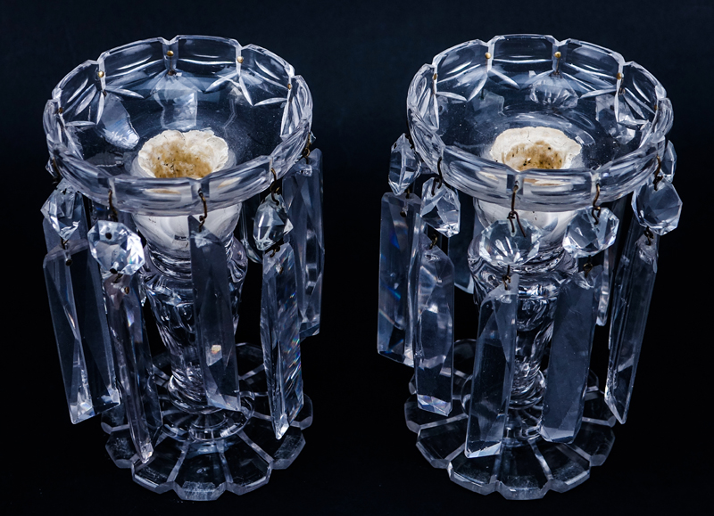 Pair of Vintage Crystal Candleholders with Hanging Prisms.