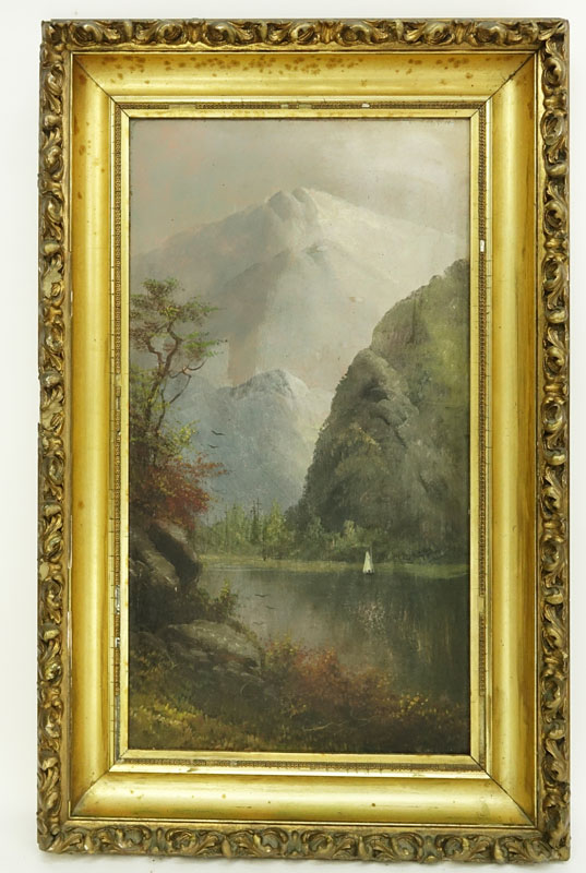 Antique Oil on Board, Landscape Scene with Sailboat, Unsigned.