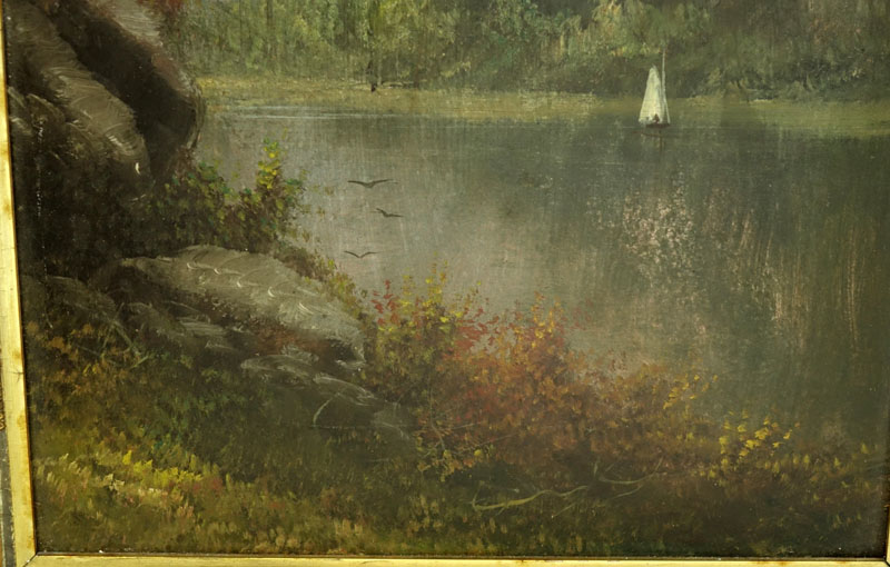 Antique Oil on Board, Landscape Scene with Sailboat, Unsigned.