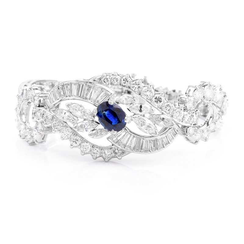 Vintage Approx. 15.0 Carat Round Brilliant, Marquise and Baguette Cut Diamond, 1.50 Oval Cut Sapphire and Platinum Bracelet.