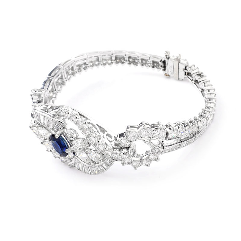 Vintage Approx. 15.0 Carat Round Brilliant, Marquise and Baguette Cut Diamond, 1.50 Oval Cut Sapphire and Platinum Bracelet.