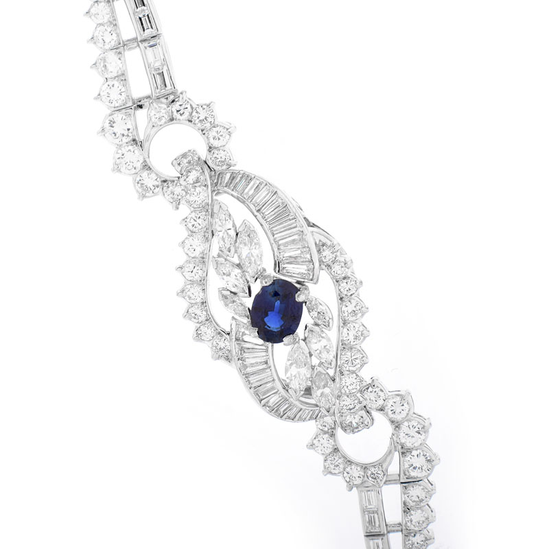 Vintage Approx. 15.0 Carat Round Brilliant, Marquise and Baguette Cut Diamond, 1.50 Oval Cut Sapphire and Platinum Bracelet.