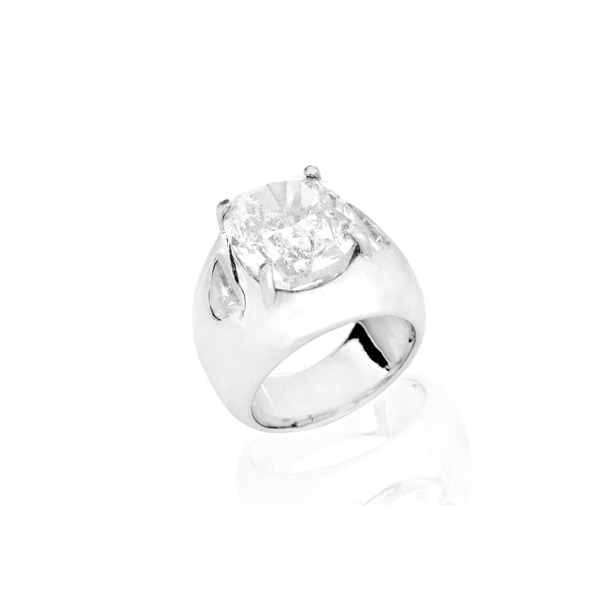 Important 14.29 Carat Oval Brilliant Cut Prong Set Diamond and Heavy 14 Karat White Gold Tapered Domed Band Design Ring.