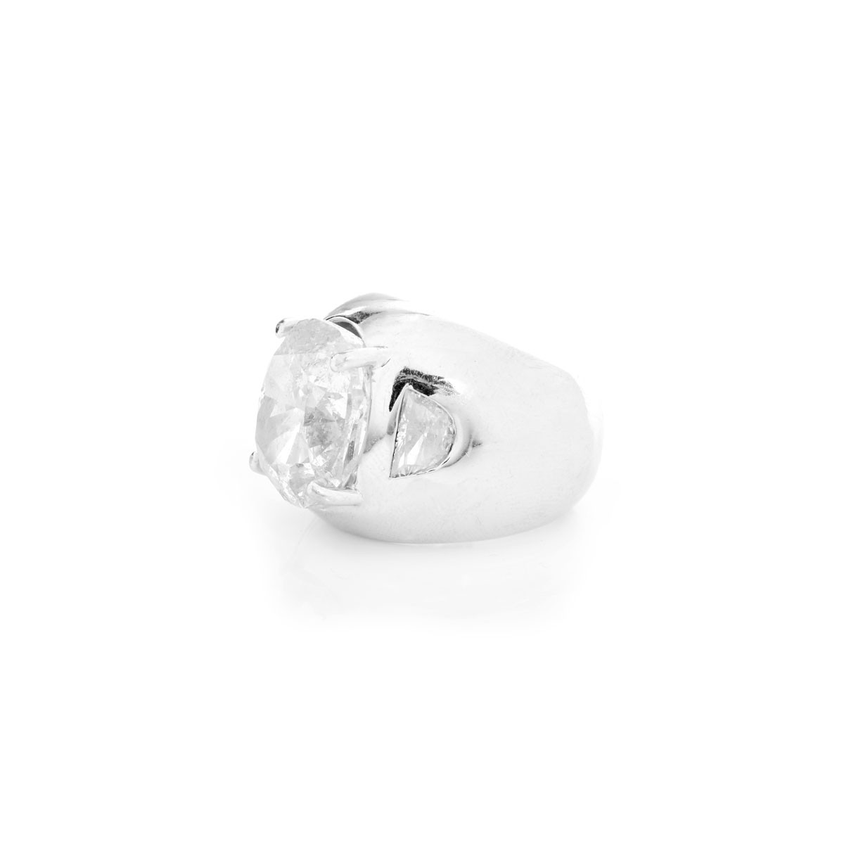 Important 14.29 Carat Oval Brilliant Cut Prong Set Diamond and Heavy 14 Karat White Gold Tapered Domed Band Design Ring.