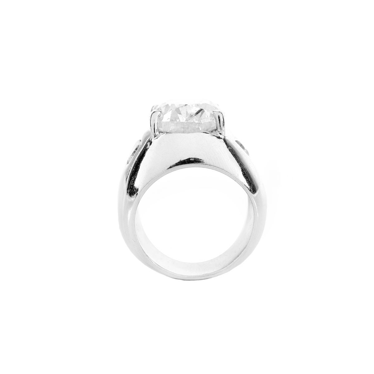 Important 14.29 Carat Oval Brilliant Cut Prong Set Diamond and Heavy 14 Karat White Gold Tapered Domed Band Design Ring.