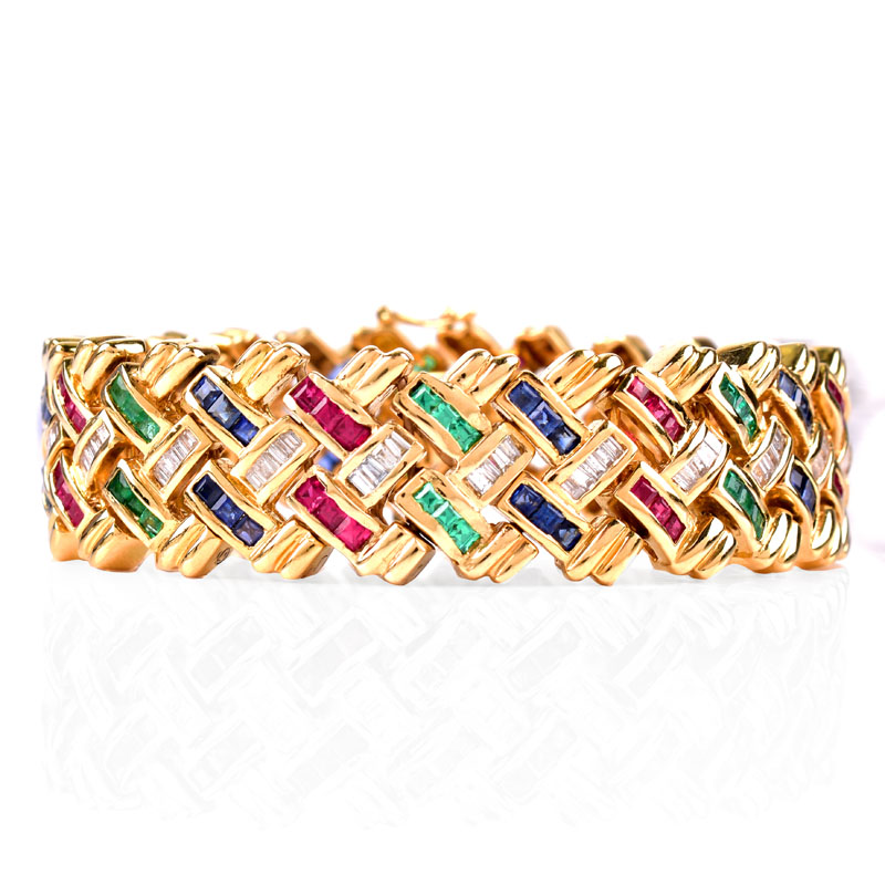 Contemporary Design Square Cut Emerald, Ruby and Sapphire, Baguette Cut Diamond and 18 Karat Yellow Gold Link Bracelet.