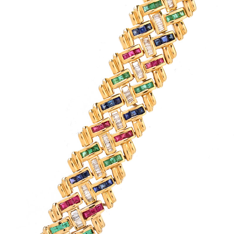 Contemporary Design Square Cut Emerald, Ruby and Sapphire, Baguette Cut Diamond and 18 Karat Yellow Gold Link Bracelet.