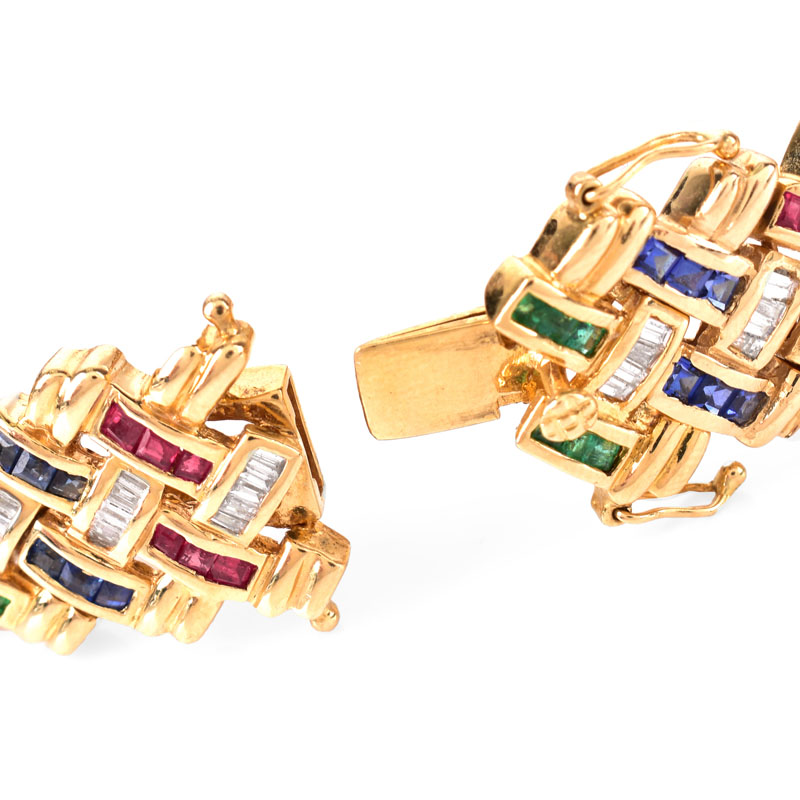 Contemporary Design Square Cut Emerald, Ruby and Sapphire, Baguette Cut Diamond and 18 Karat Yellow Gold Link Bracelet.