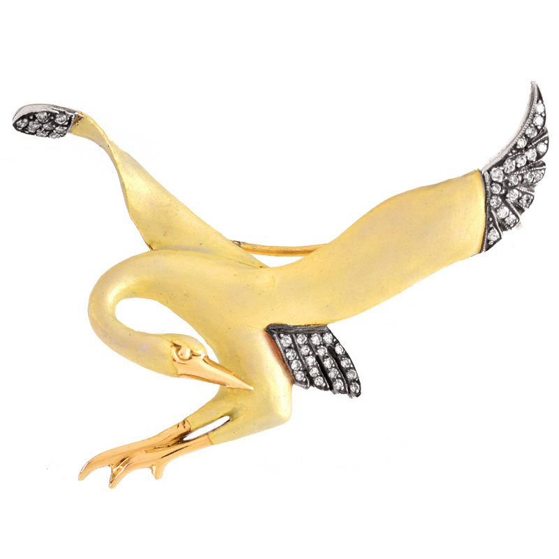 Vintage Approx. .45 Carat Round Brilliant Cut Diamond and 18 Karat Yellow Gold Swan Brooch.