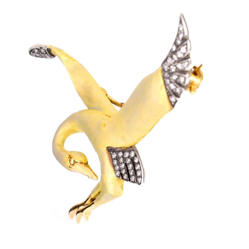 Vintage Approx. .45 Carat Round Brilliant Cut Diamond and 18 Karat Yellow Gold Swan Brooch.