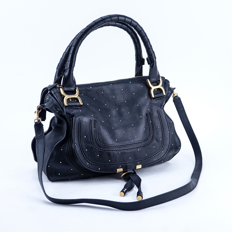 Chloe Black Smooth Studded Leather Marcie Shoulder Bag.