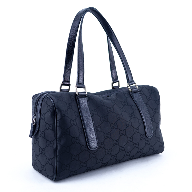 Gucci Black Monogram Nylon And Leather Signature Satchel Tote.