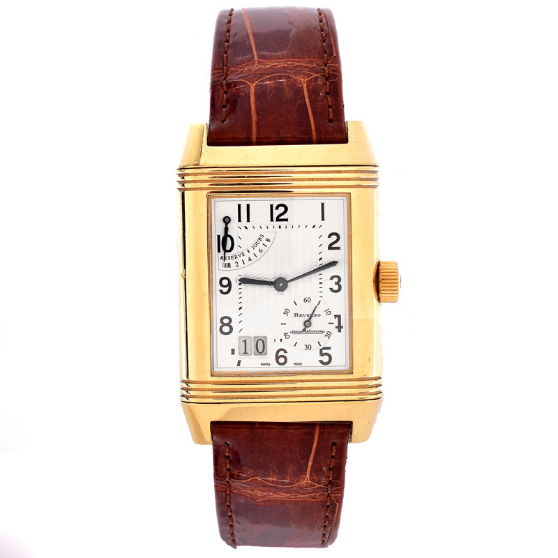 Man's Vintage Jaeger Le Coultre 18 Karat Yellow Gold Reverso Automatic 8 Day Power Reserve Model 240.