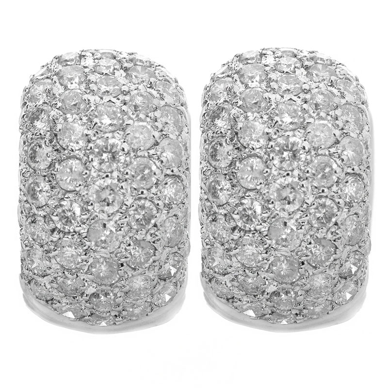 Approx. 2.60 Carat Pave Set Round Brilliant Cut Diamond and Platinum Huggie earrings.