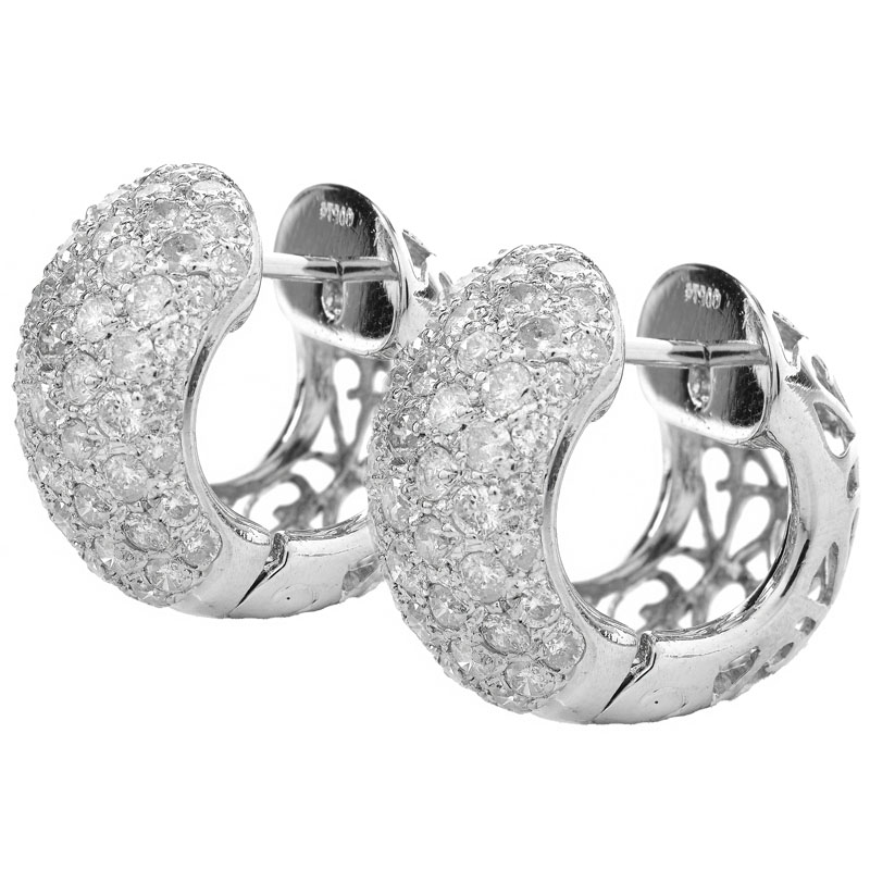Approx. 2.60 Carat Pave Set Round Brilliant Cut Diamond and Platinum Huggie earrings.